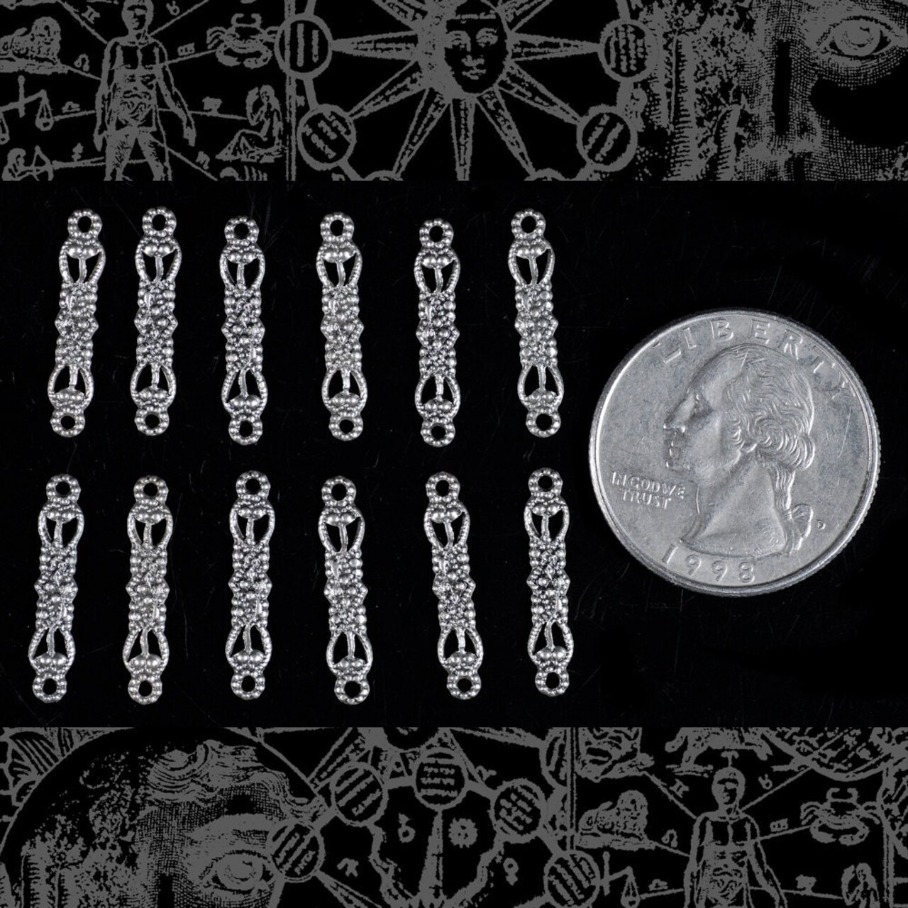 Antiqued Silver Plated Brass Thin Bar Two Ring Connectors - Set of Twelve - S-2C55